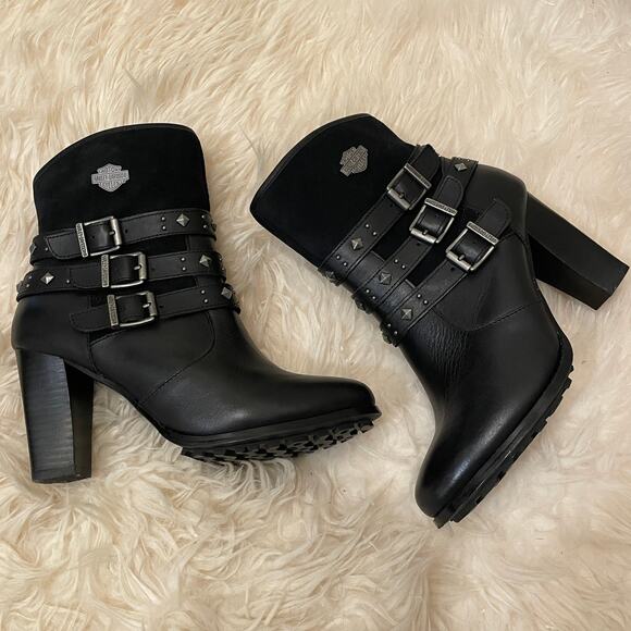 Harley-Davidson Studded Black Leather Boots 8.5 | NWOB, Triple Buckle, High Heel - Picture 3 of 12